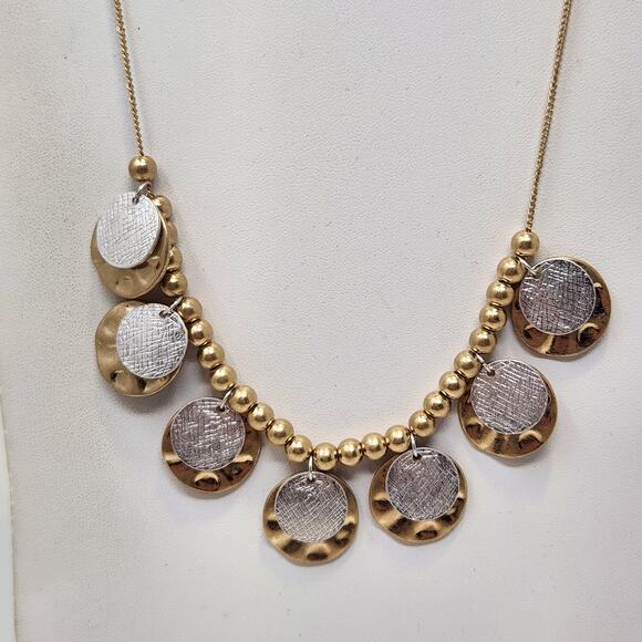 Banana Republic Gold Silver Tone Hammered Disc Chain Necklace Slider Adjustable - Picture 2 of 3